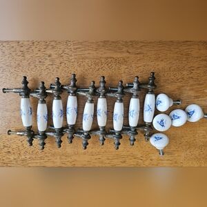 Vintage White and Blue Porcelain Knobs and Pulls- 14 Pieces